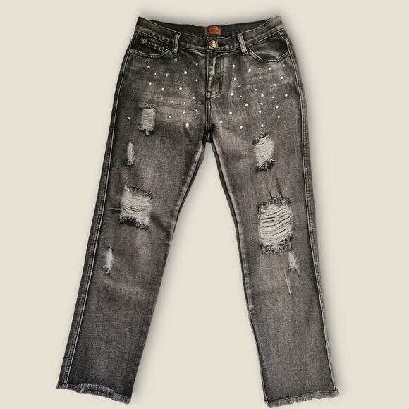 POL Women's Charcoal Distressed Cropped Frayed Ankle Rhinestoned Jeans Sz M - Picture 1 of 10